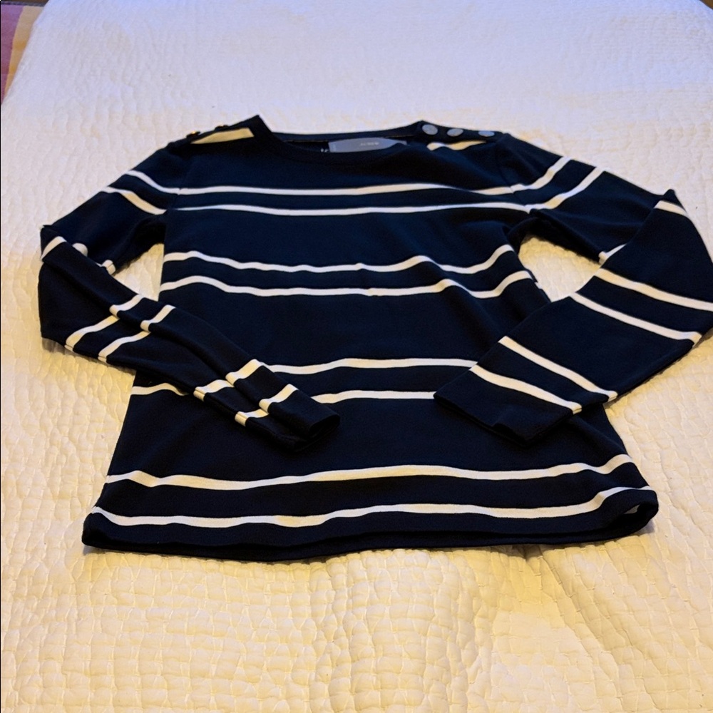 J. Crew Navy and White Button-Shoulder Top